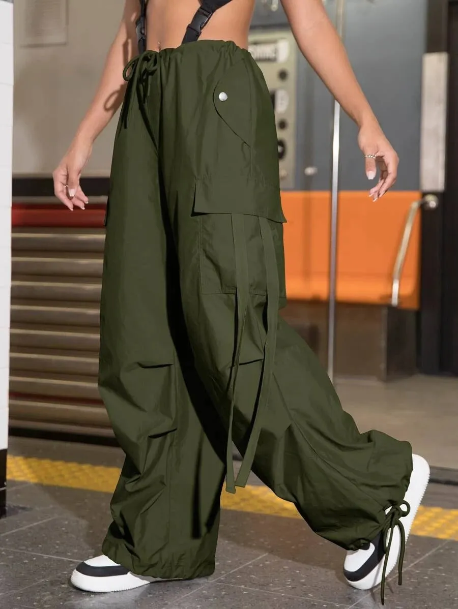 Drawstring Waist Flap Pocket Side Casual Cargo Pants